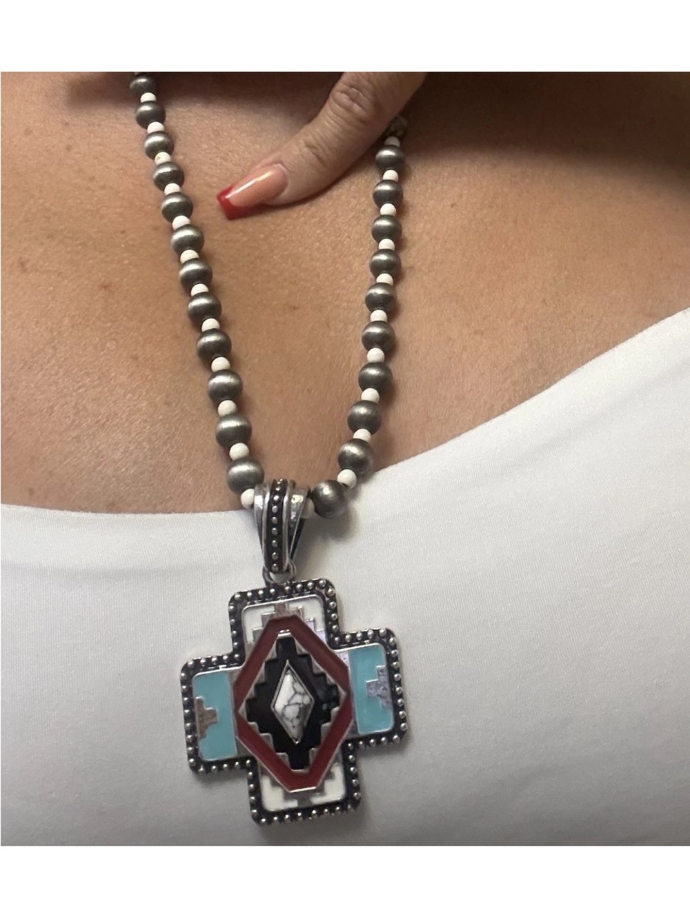 Sterling Silver Southwestern Inlay Cross Pendant Necklace in Turquoise & Red